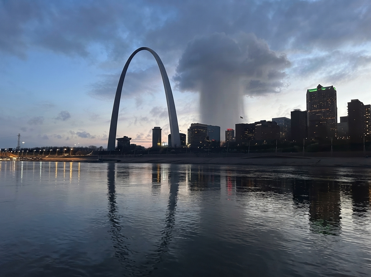 The Gateway Arch in St. Louis seen from the river with the storm cell beside its curve