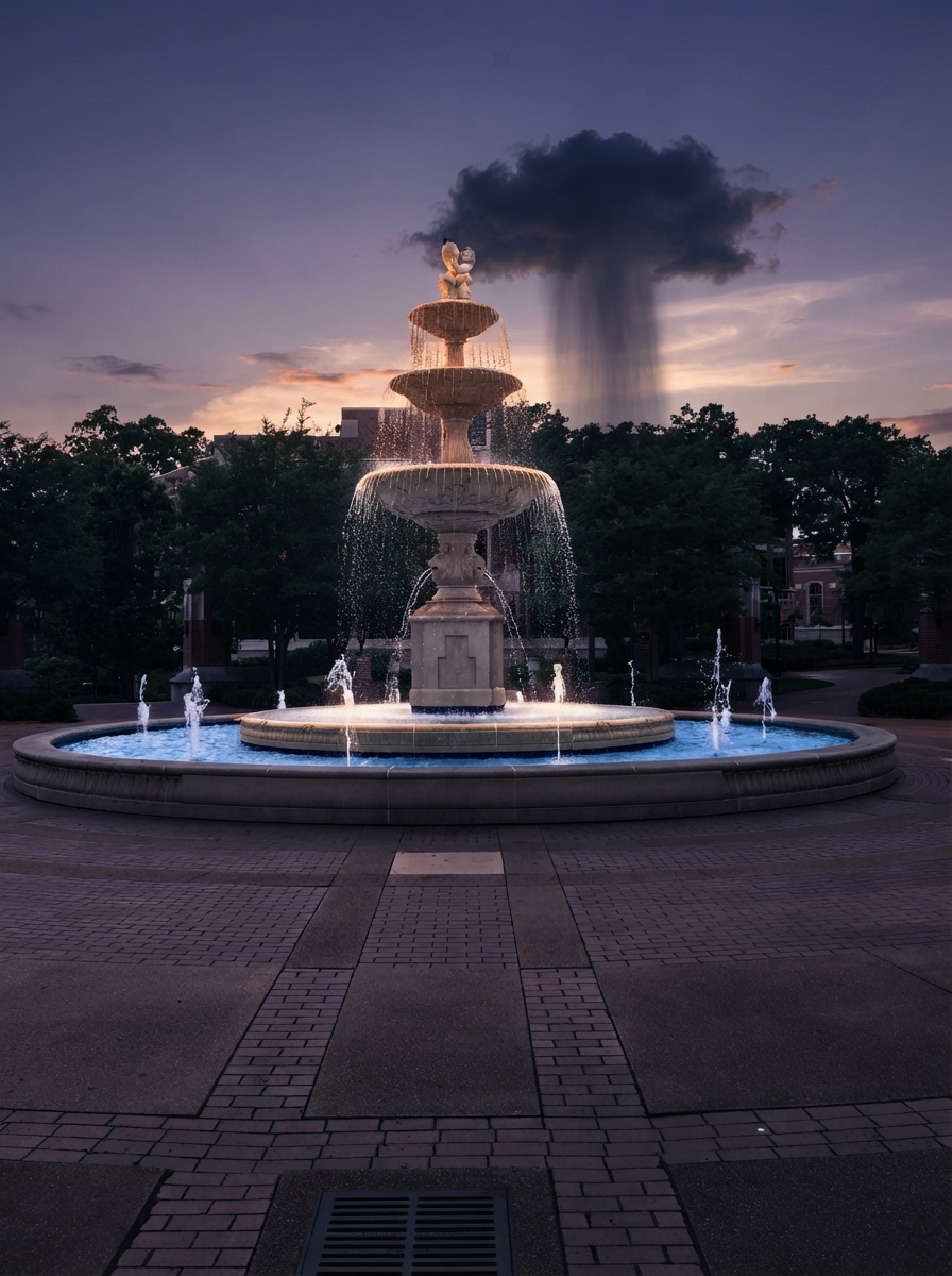 Tiered campus stone fountain at dusk with the dark storm cell dropping a rain shaft above it