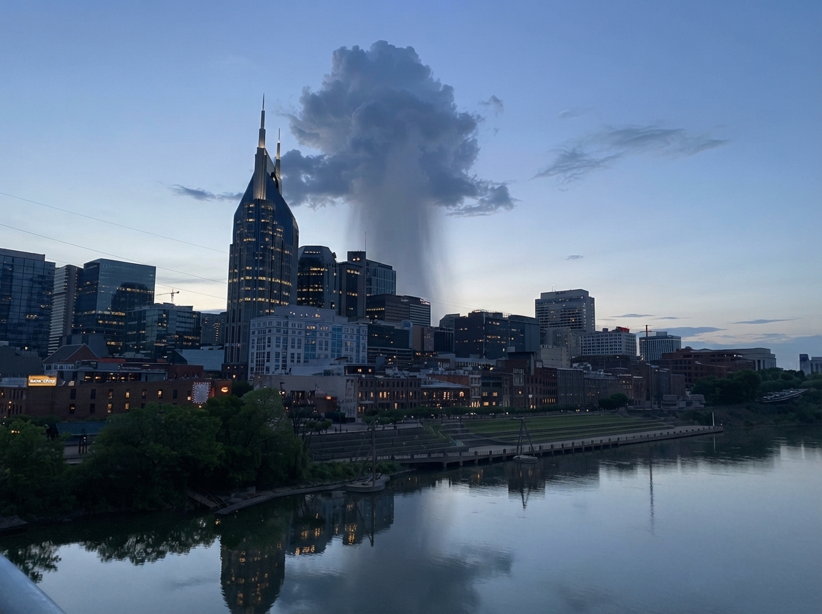 The Nashville skyline viewed from a bridge across the river, with the storm cell rising behind the tallest tower
