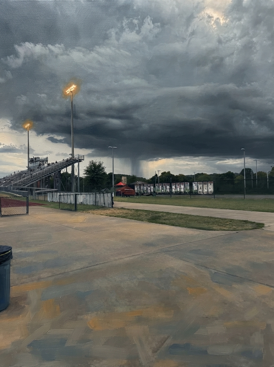 Oil painting translation of the stadium storm scene with rich impasto brushwork