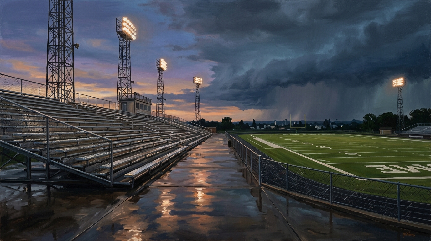 Painterly interpretation of wet bleachers, bright floodlights, and a wall of rain in Tennessee