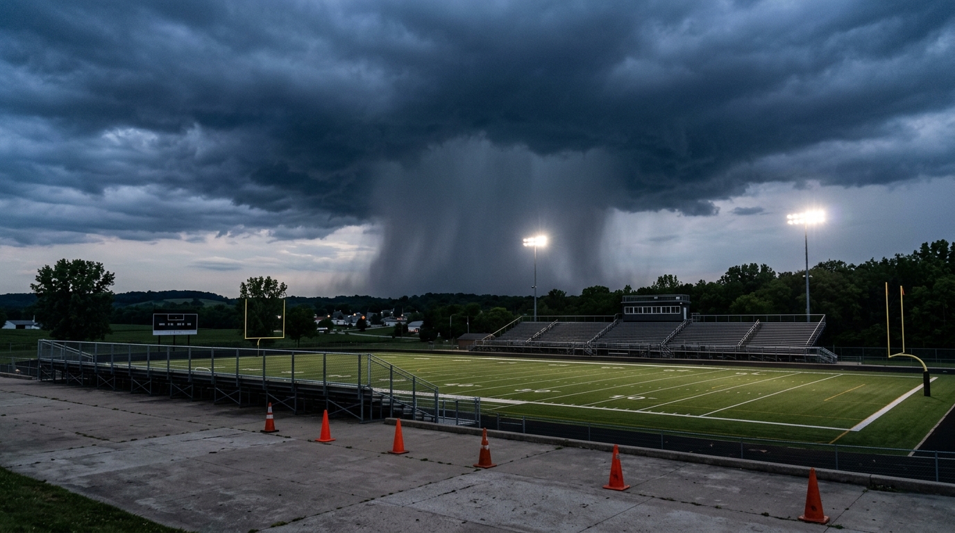 A photographic generation of a high-school football stadium at dusk in Tennessee with a single rain shaft behind the field