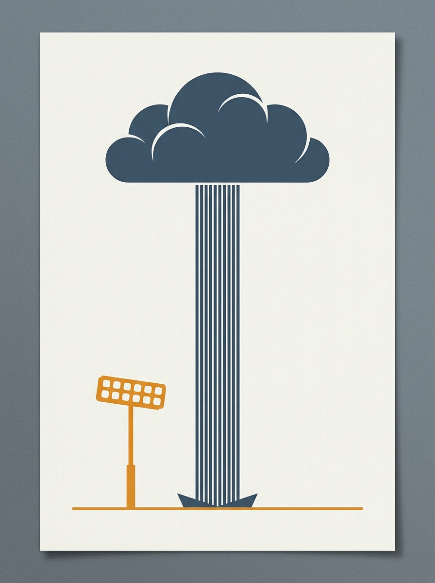 Minimal graphic poster showing one cloud, one rain column, and one floodlight in three tones