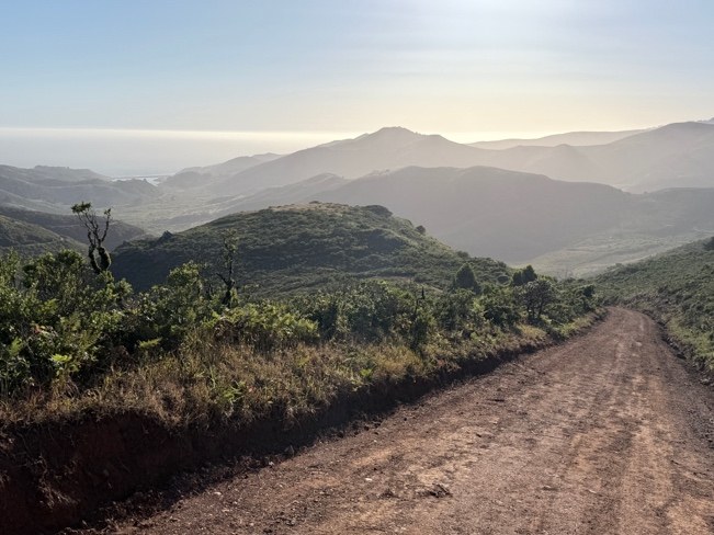 A dirt road running along coastal hills in morning haze