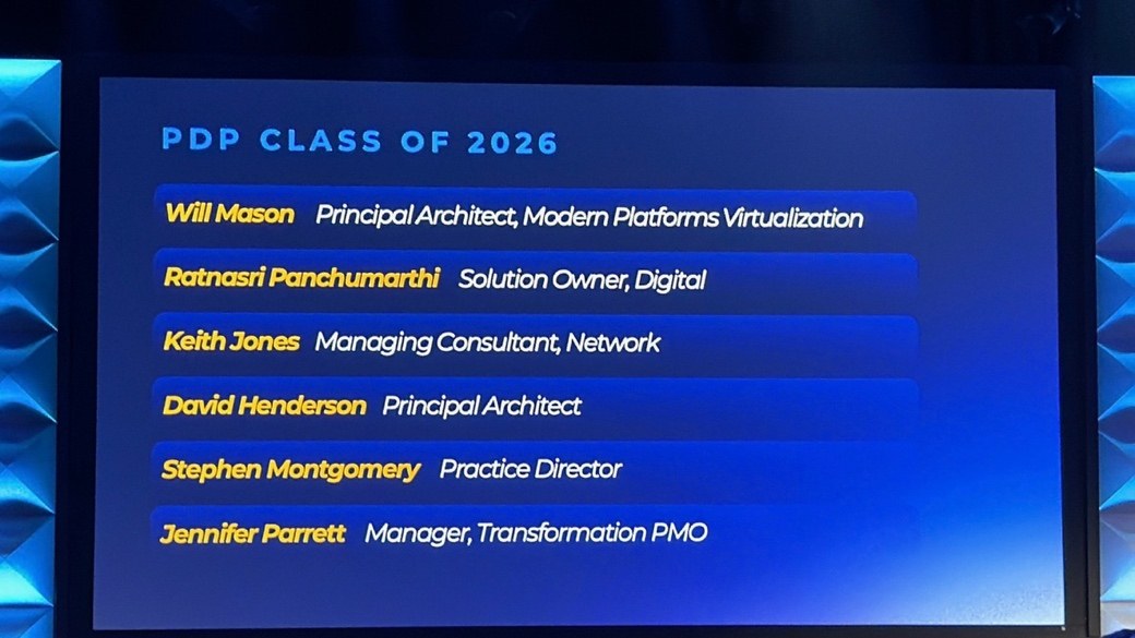 A conference screen reading PDP Class of 2026, listing six names beginning with Will Mason, Principal Architect, Modern Platforms Virtualization